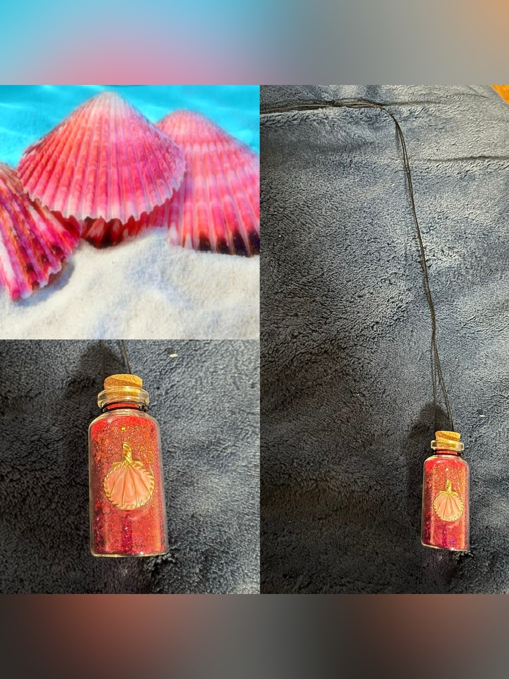 Pink Seashell Fairy Potion Glitter Bottle Necklace w/ Pendant